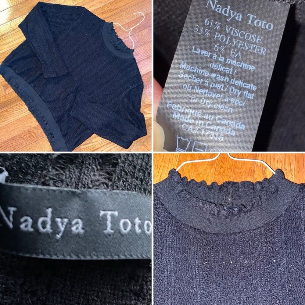 NADYA TOTO $299 Black Ruffle Collar Cropped Pointelle Top LG EUC